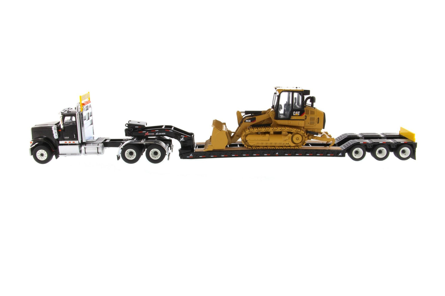 International HX520 Tandem Black with XL120 Trailer and CAT 963K Track Loader 1:50 Scale Die Cast Model