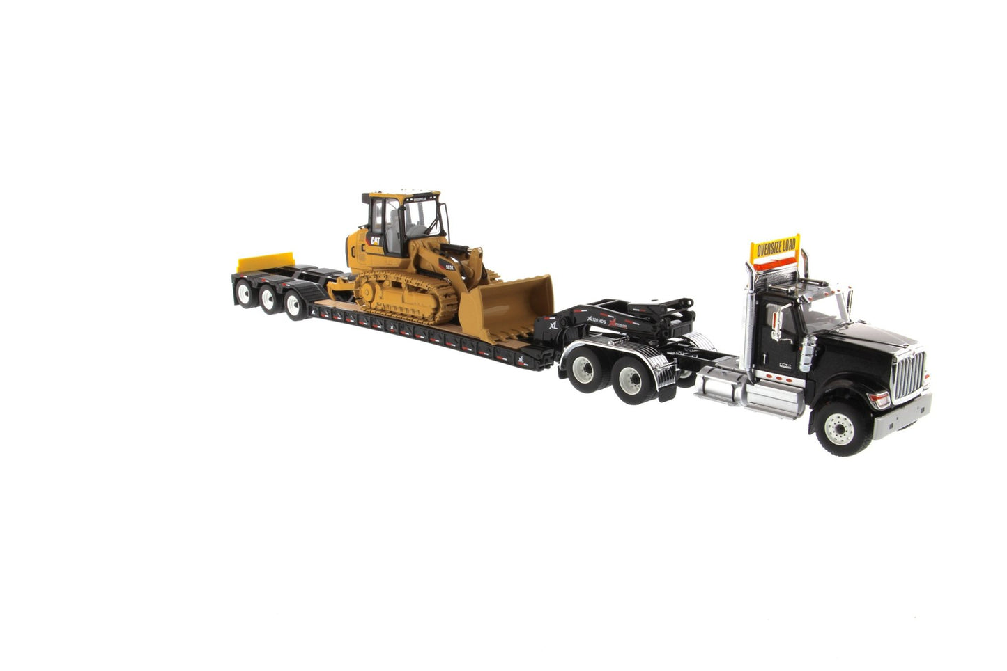 International HX520 Tandem Black with XL120 Trailer and CAT 963K Track Loader 1:50 Scale Die Cast Model