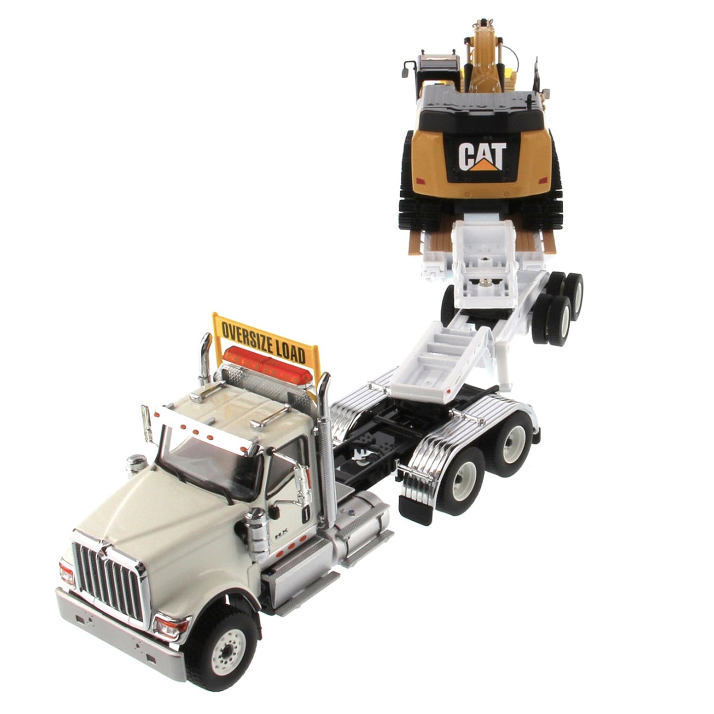 International HX520 Tandem White with XL120 White Trailer and Cat 349F Excavator 1:50 Scale Die Cast Model