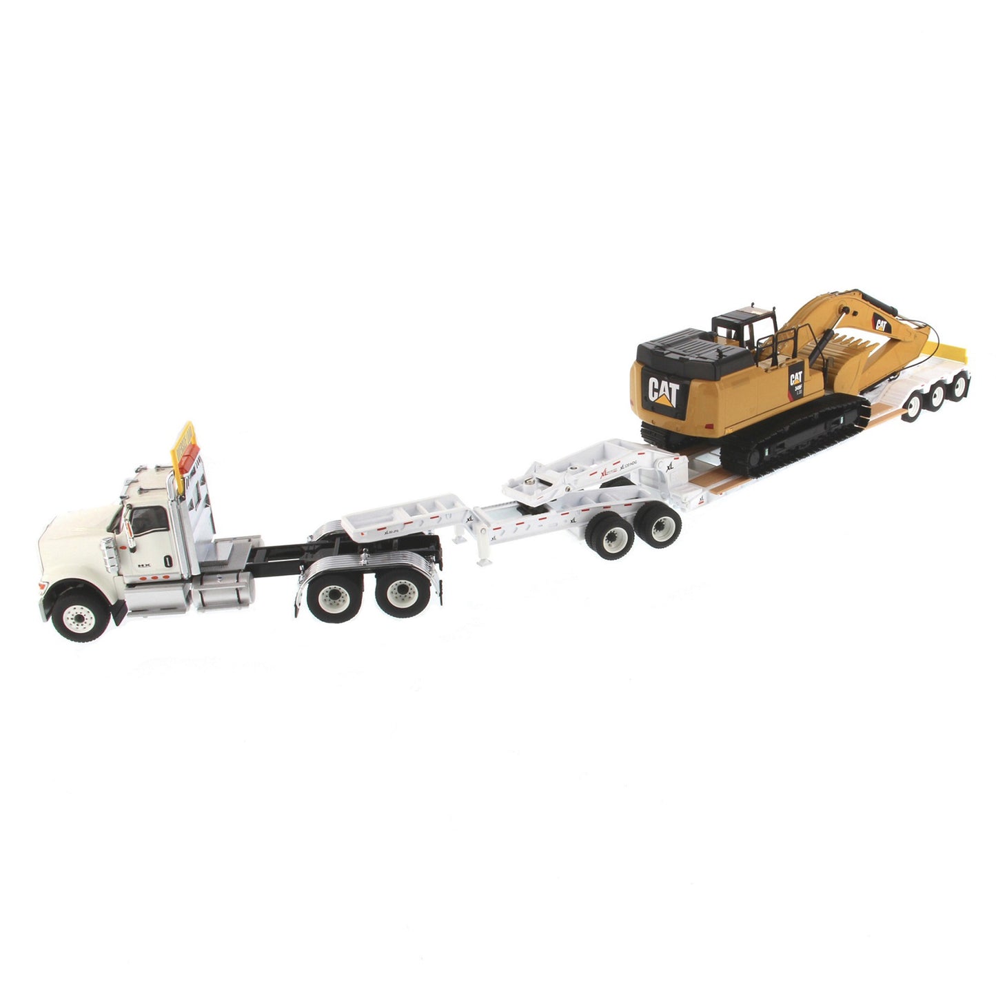 International HX520 Tandem White with XL120 White Trailer and Cat 349F Excavator 1:50 Scale Die Cast Model