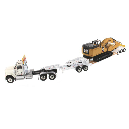 International HX520 Tandem White with XL120 White Trailer and Cat 349F Excavator 1:50 Scale Die Cast Model