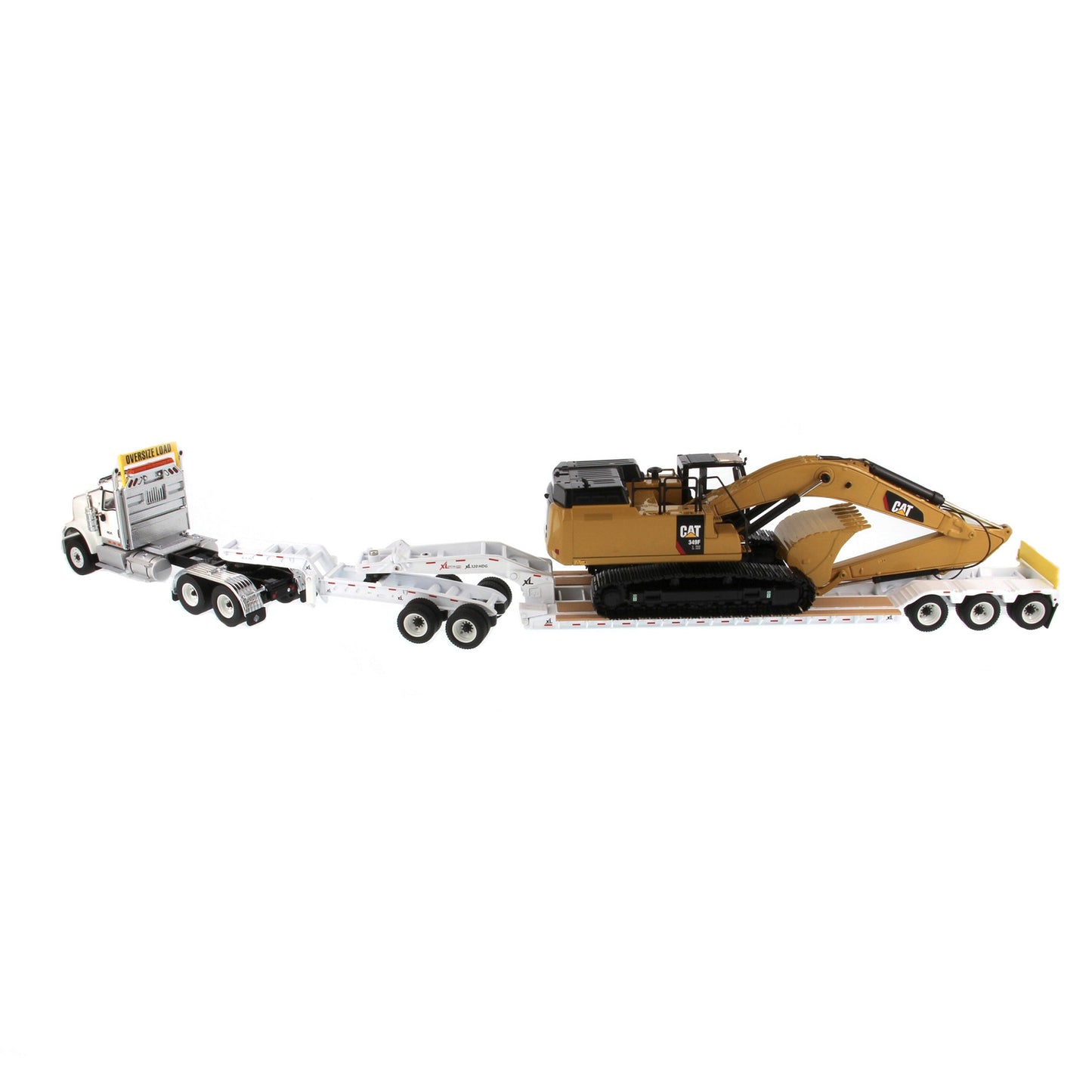 International HX520 Tandem White with XL120 White Trailer and Cat 349F Excavator 1:50 Scale Die Cast Model