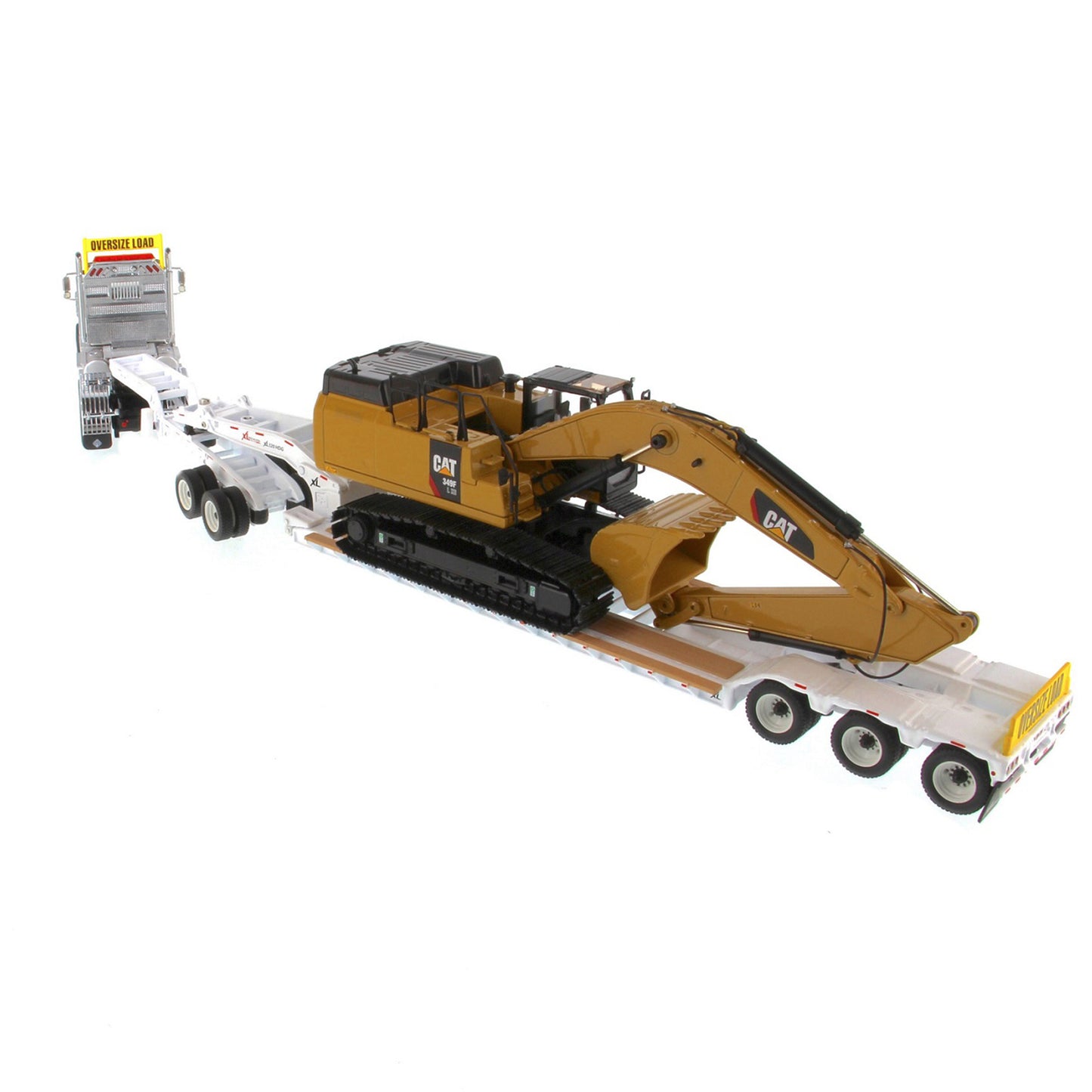 International HX520 Tandem White with XL120 White Trailer and Cat 349F Excavator 1:50 Scale Die Cast Model