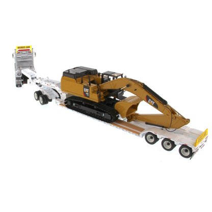 International HX520 Tandem White with XL120 White Trailer and Cat 349F Excavator 1:50 Scale Die Cast Model