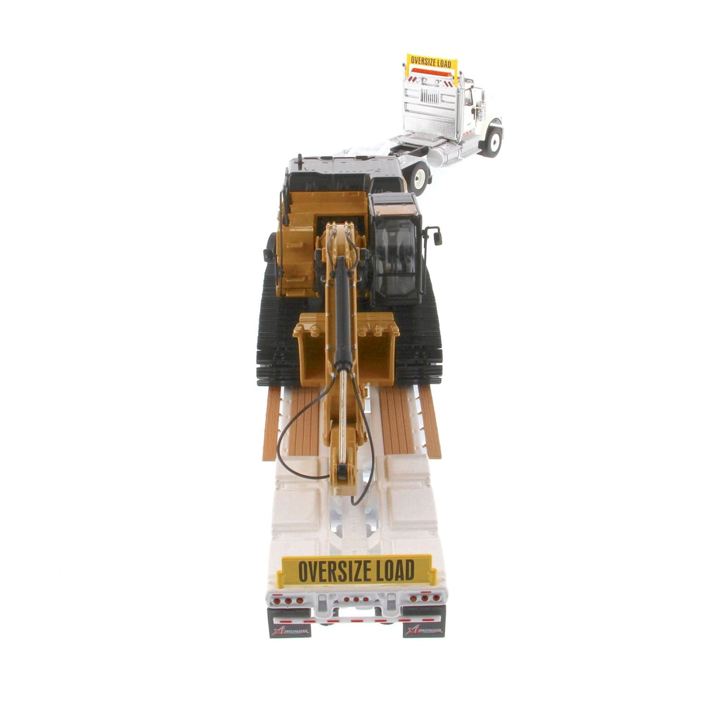 International HX520 Tandem White with XL120 White Trailer and Cat 349F Excavator 1:50 Scale Die Cast Model