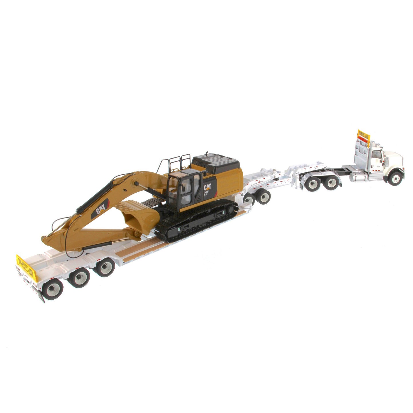 International HX520 Tandem White with XL120 White Trailer and Cat 349F Excavator 1:50 Scale Die Cast Model