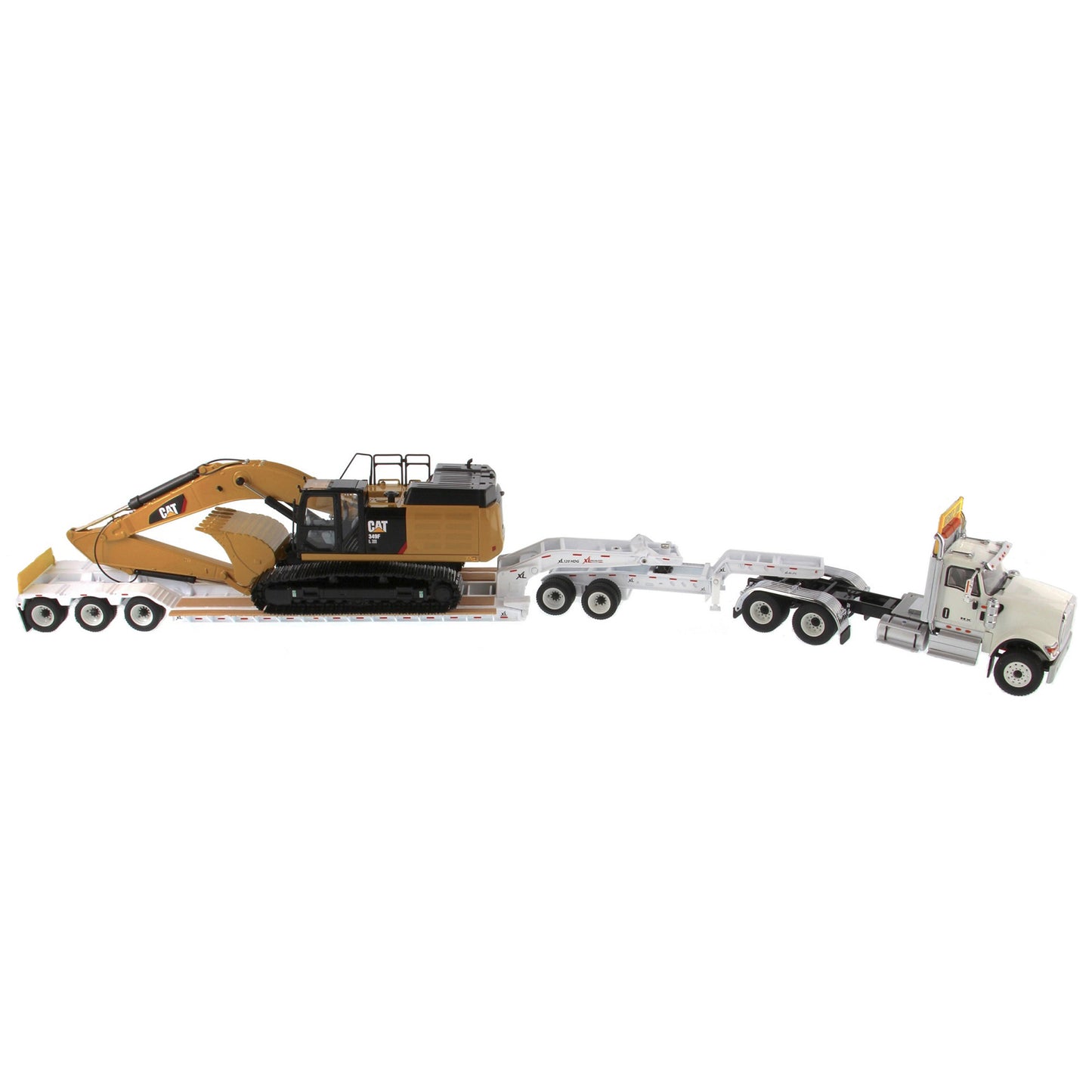 International HX520 Tandem White with XL120 White Trailer and Cat 349F Excavator 1:50 Scale Die Cast Model