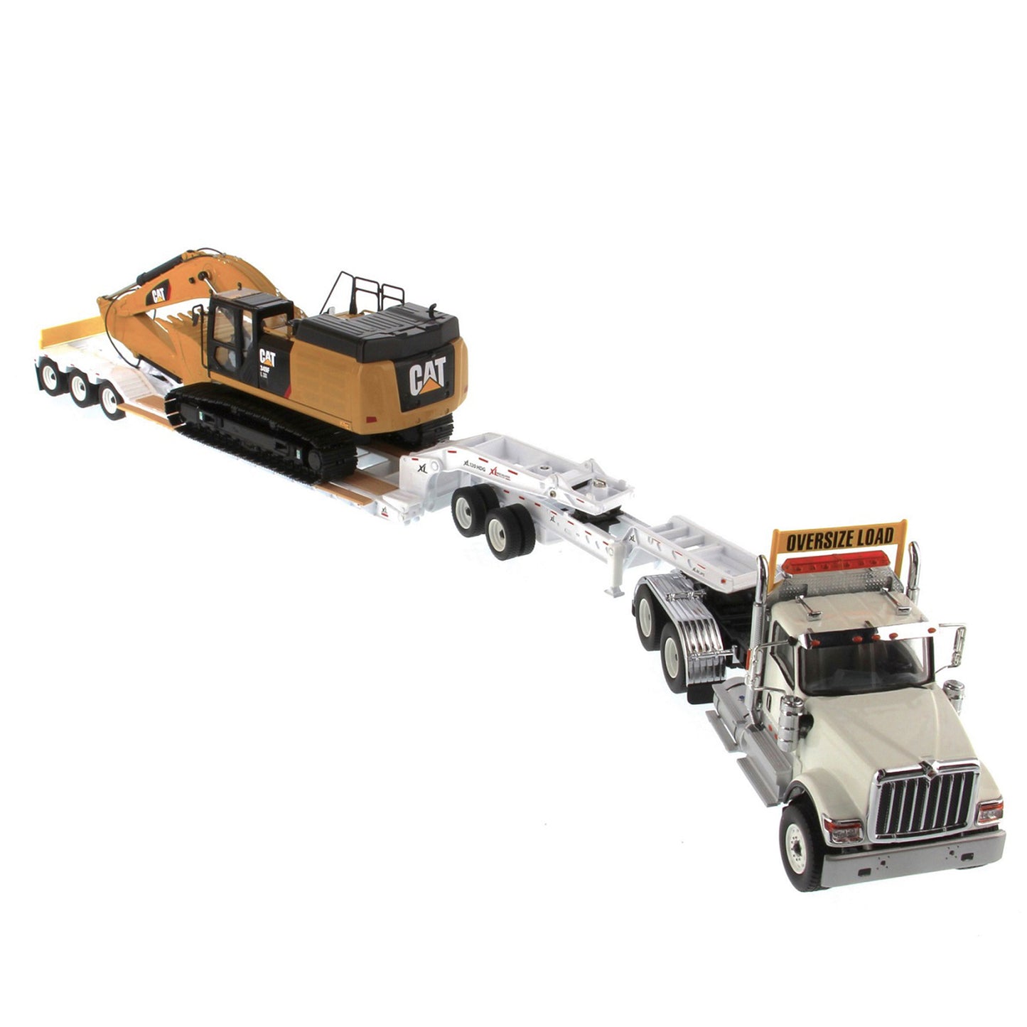 International HX520 Tandem White with XL120 White Trailer and Cat 349F Excavator 1:50 Scale Die Cast Model