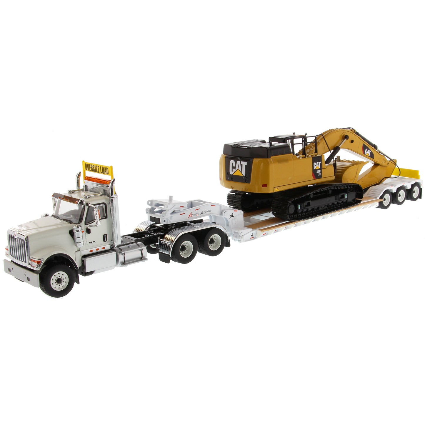 International HX520 Tandem White with XL120 White Trailer and Cat 349F Excavator 1:50 Scale Die Cast Model