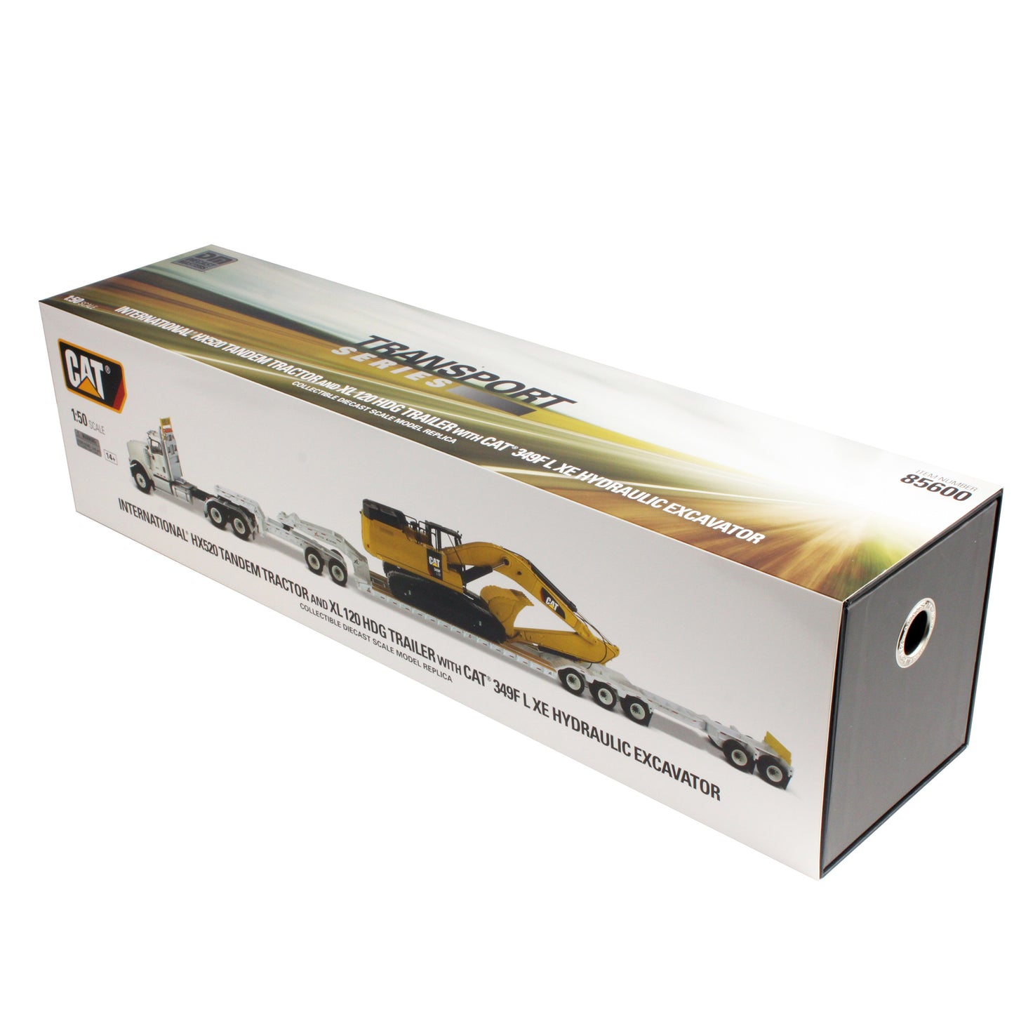 International HX520 Tandem White with XL120 White Trailer and Cat 349F Excavator 1:50 Scale Die Cast Model