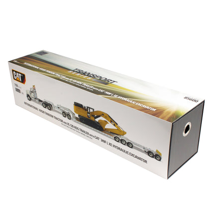 International HX520 Tandem White with XL120 White Trailer and Cat 349F Excavator 1:50 Scale Die Cast Model