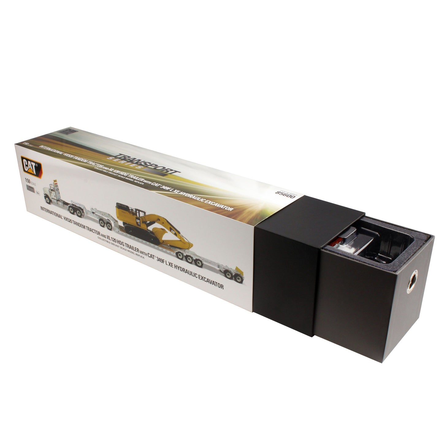 International HX520 Tandem White with XL120 White Trailer and Cat 349F Excavator 1:50 Scale Die Cast Model