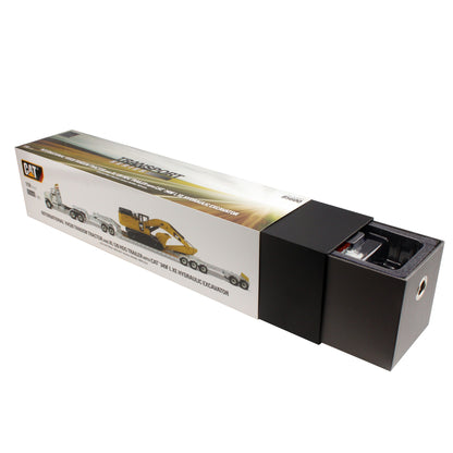 International HX520 Tandem White with XL120 White Trailer and Cat 349F Excavator 1:50 Scale Die Cast Model